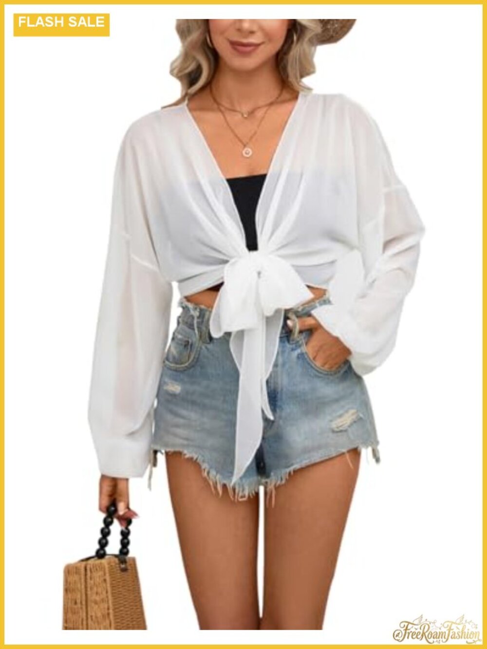 Women's Tie Front Chiffon Kimono Crop Top Beach Cover Up Long Sleeve Sheer